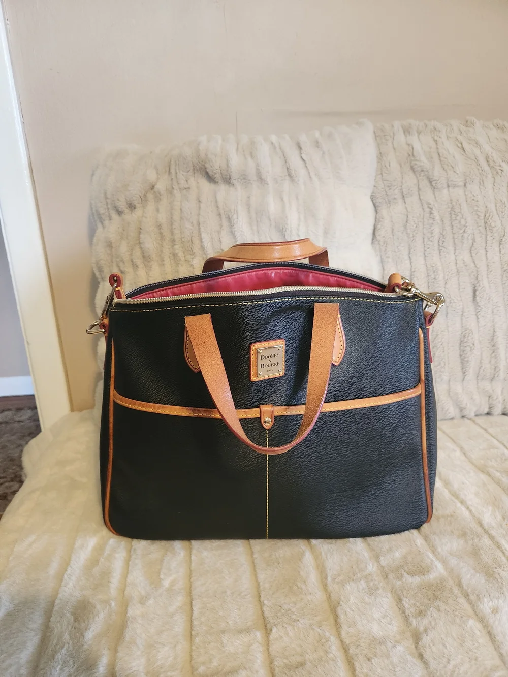 Dooney & Bourke Black Duffel with Tan Trim and Red Interior